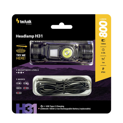 Lampada frontale Technik H31 con LED Osram P9, 800 lumen, 5 modalità, ricaricabile USB-C, IPX4, Bianco