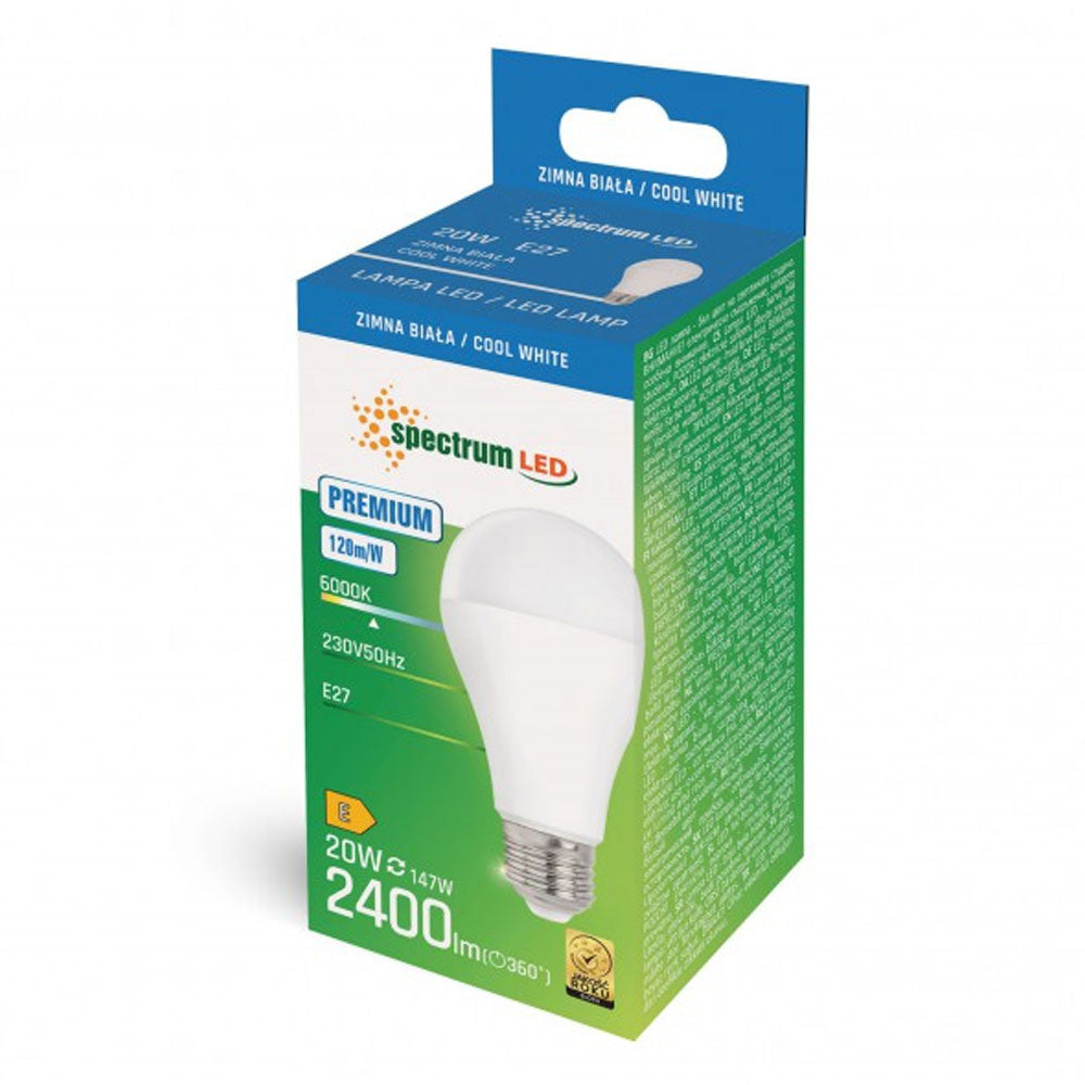 Spectrum LED bulb E27 20W 2400 lumens 6000K cold white 230V 160° high lumen non dimmable