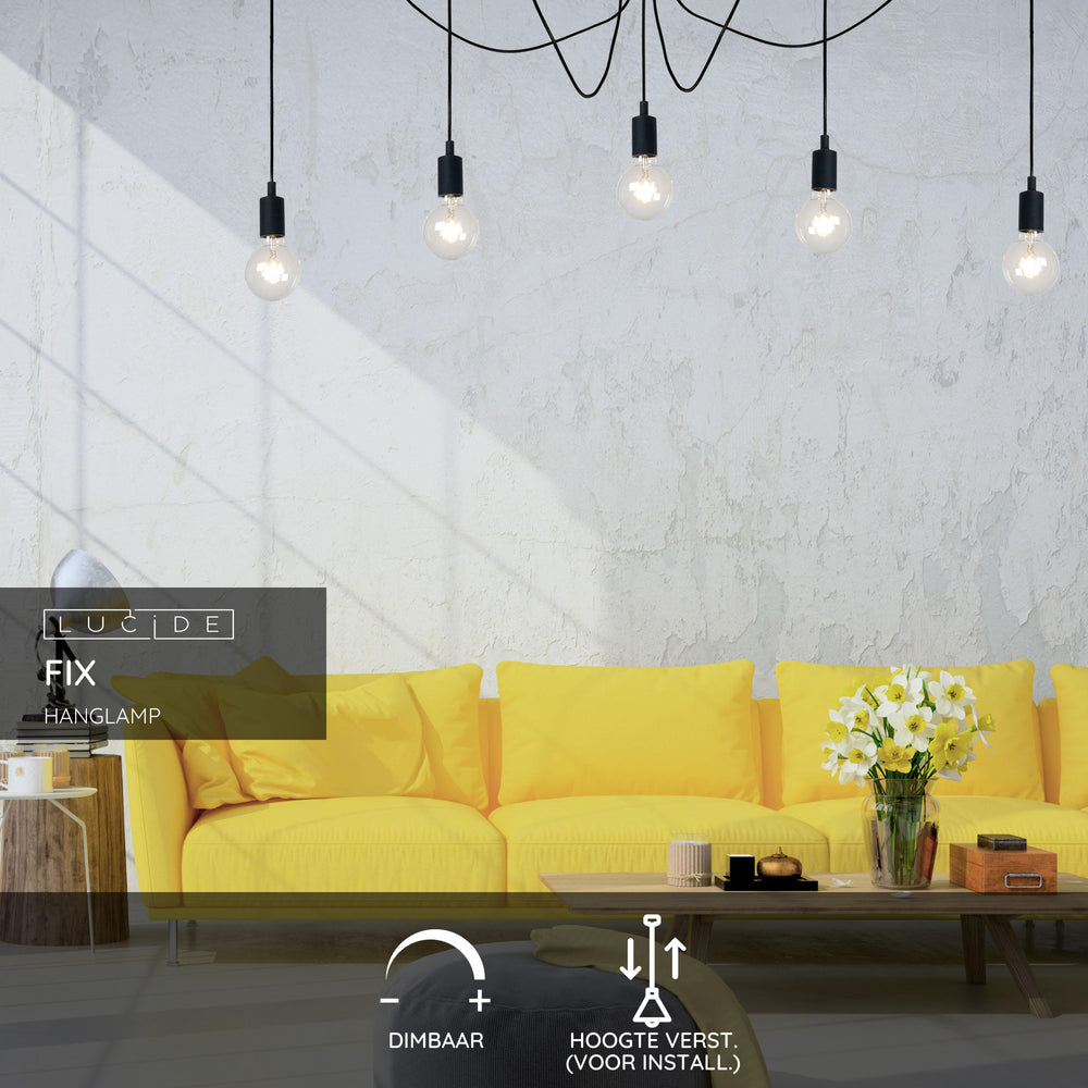 Lampada a sospensione moderna Lucide FIX, 5xE27 portalampada, Metallo nero, design rotondo, altezza regolabile, IP20