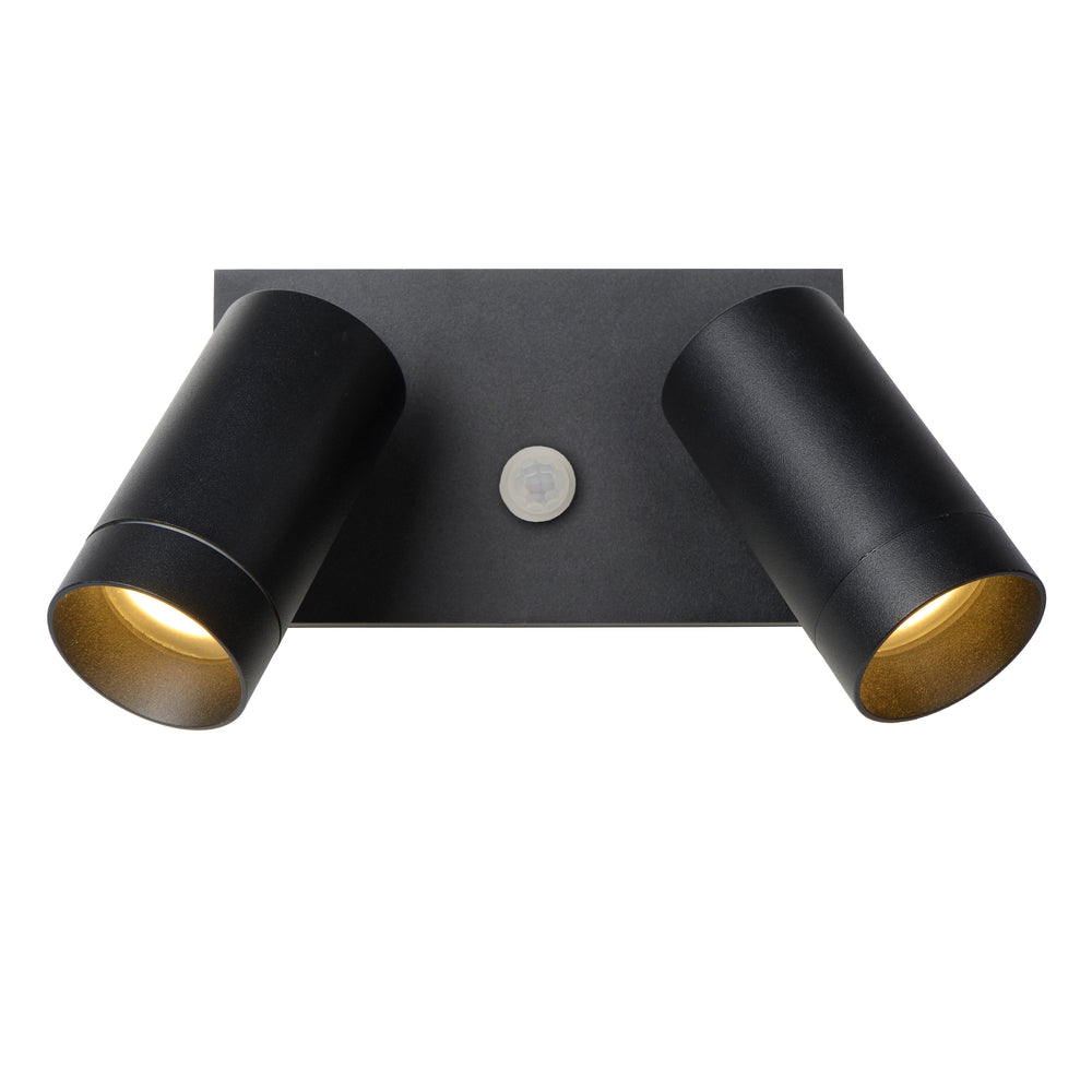 Lucide TAYLOR wall light with 2xGU10, IP54 motion sensor, sand black aluminium modern outdoor spot
