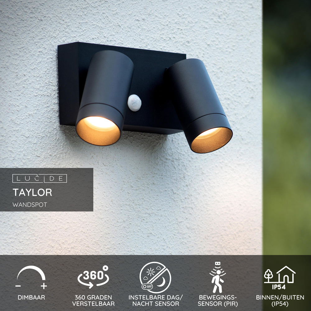 Lucide TAYLOR wall light with 2xGU10, IP54 motion sensor, sand black aluminium modern outdoor spot