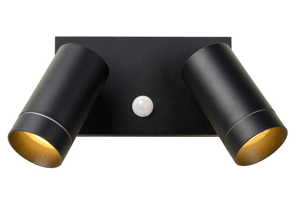 Lucide TAYLOR wall light with 2xGU10, IP54 motion sensor, sand black aluminium modern outdoor spot
