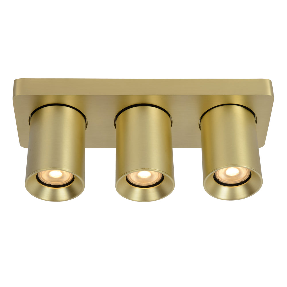 Lucide NIGEL LED ceiling spotlight, 3x5W GU10 dim to warm 2200K-3000K, adjustable brushed gold aluminum