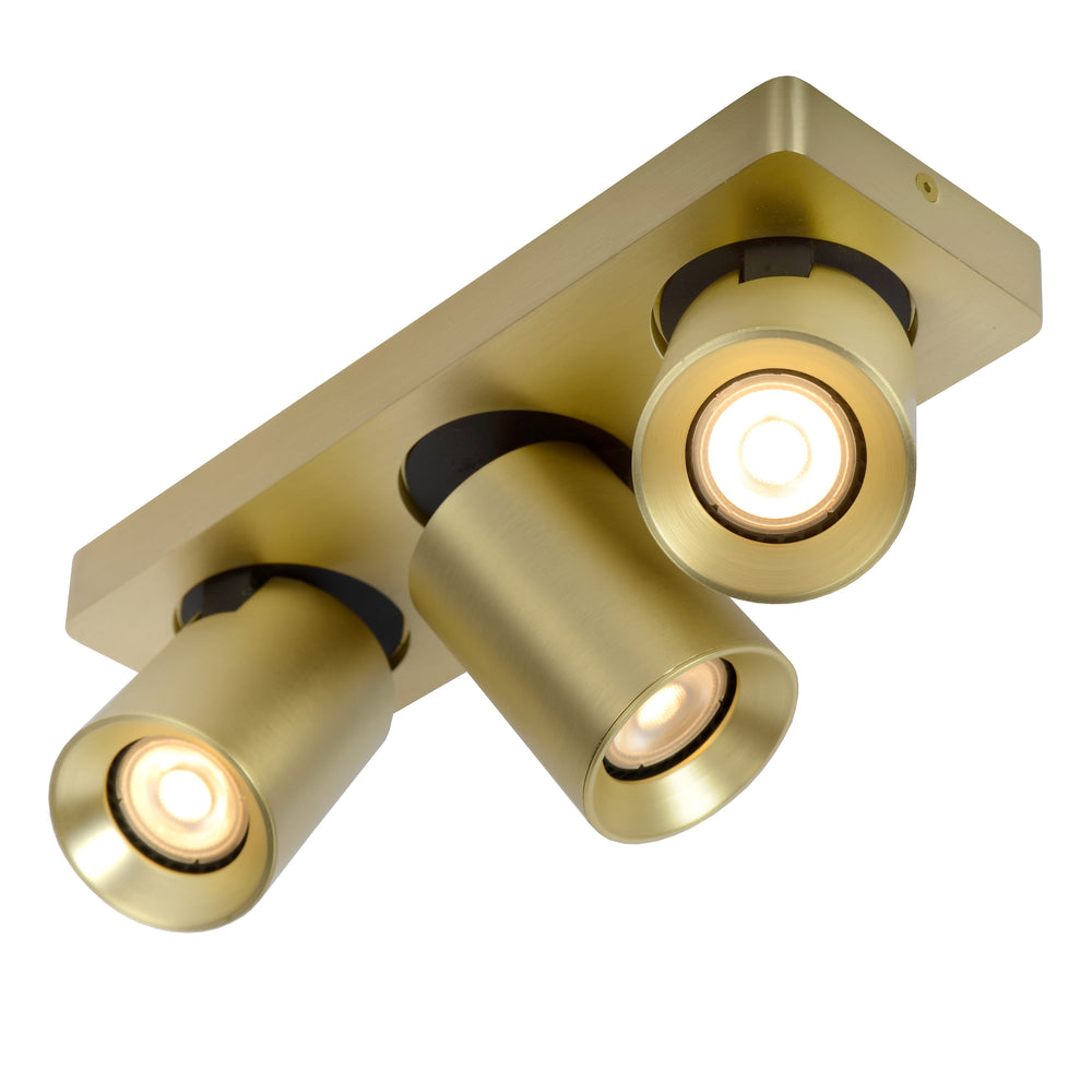Lucide NIGEL LED ceiling spotlight, 3x5W GU10 dim to warm 2200K-3000K, adjustable brushed gold aluminum