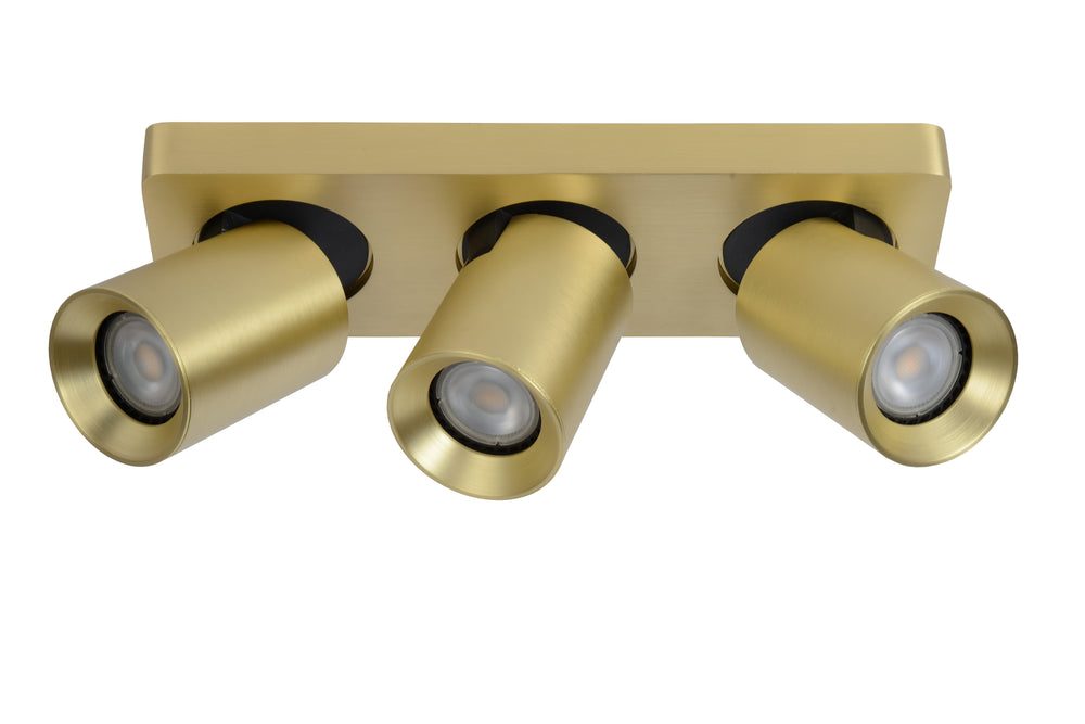 Lucide NIGEL LED ceiling spotlight, 3x5W GU10 dim to warm 2200K-3000K, adjustable brushed gold aluminum