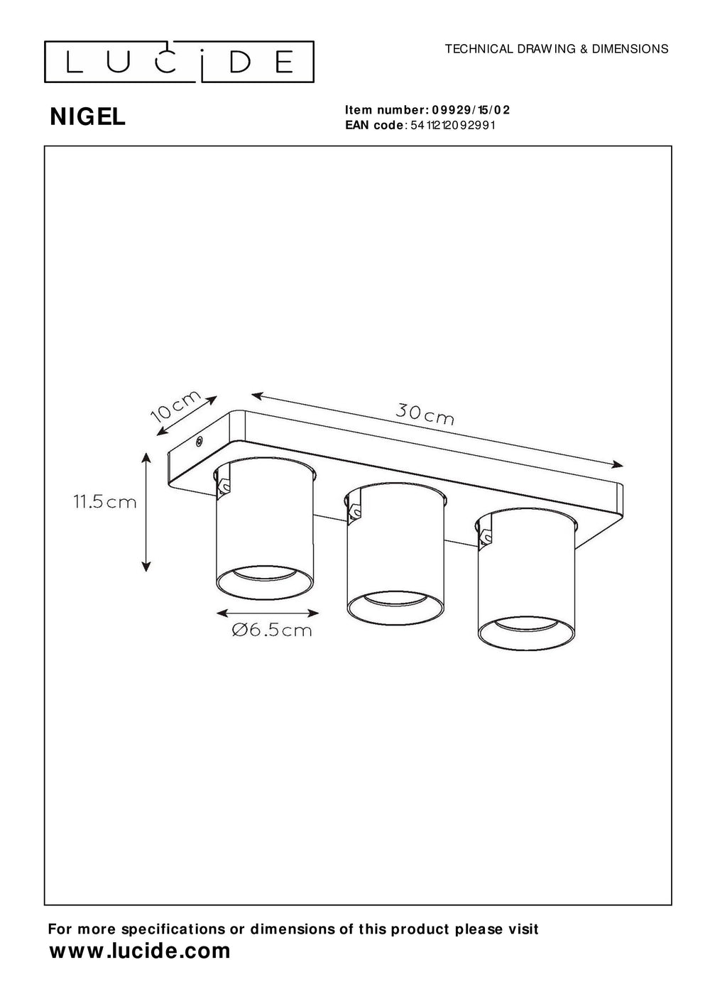 Lucide NIGEL LED ceiling spotlight, 3x5W GU10 dim to warm 2200K-3000K, adjustable brushed gold aluminum