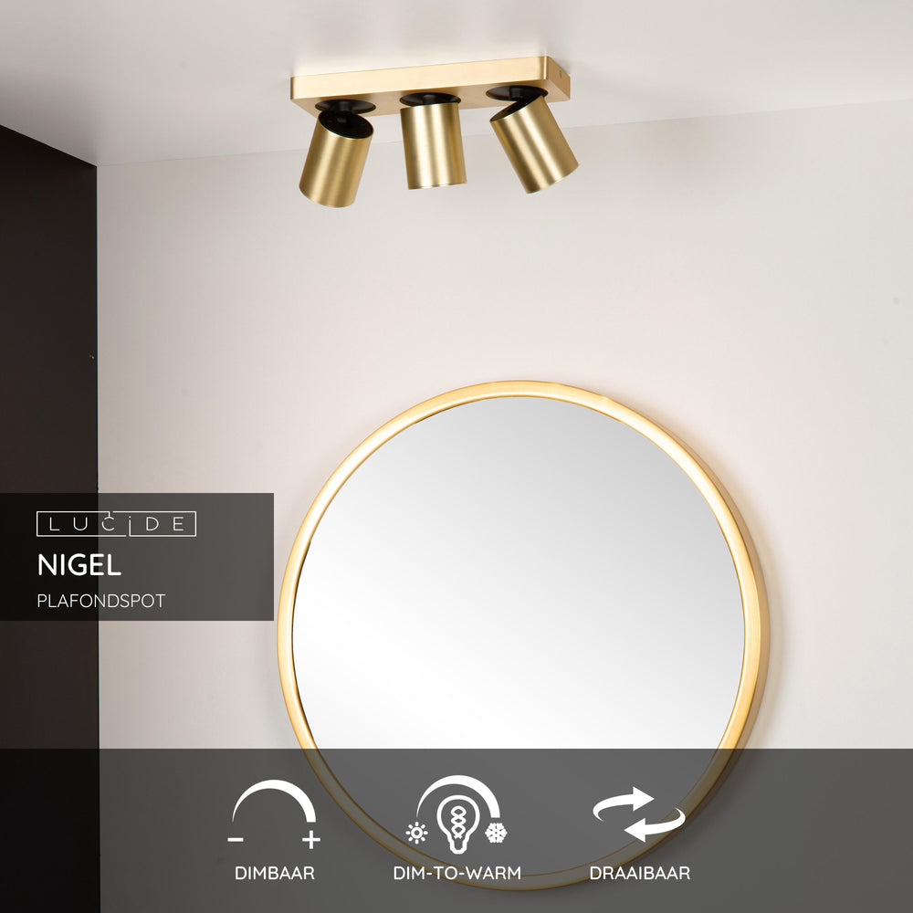 Lucide NIGEL LED ceiling spotlight, 3x5W GU10 dim to warm 2200K-3000K, adjustable brushed gold aluminum