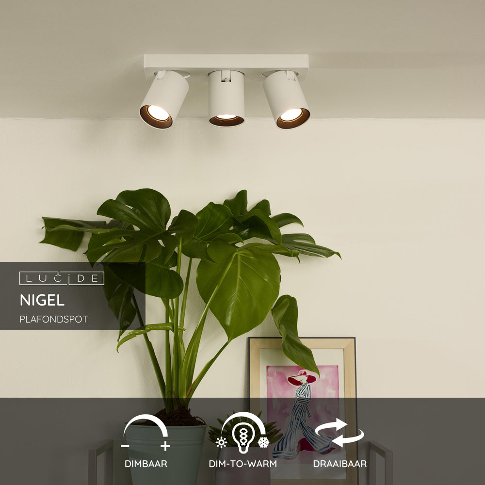 Lucide NIGEL faretto da soffitto LED, 3x5W GU10 dim to warm 2200K-3000K, orientabile in alluminio Bianco, IP20