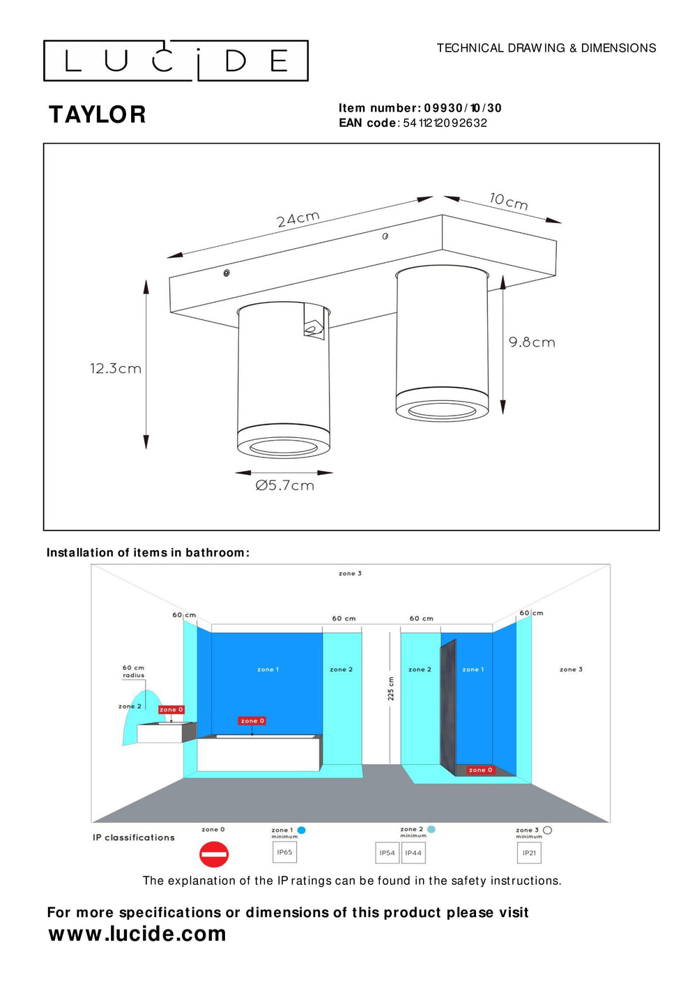 Lucide TAYLOR faretto da soffitto LED, 2x5W GU10 dim to warm 2200K-3000K, luce da bagno IP44 Nero