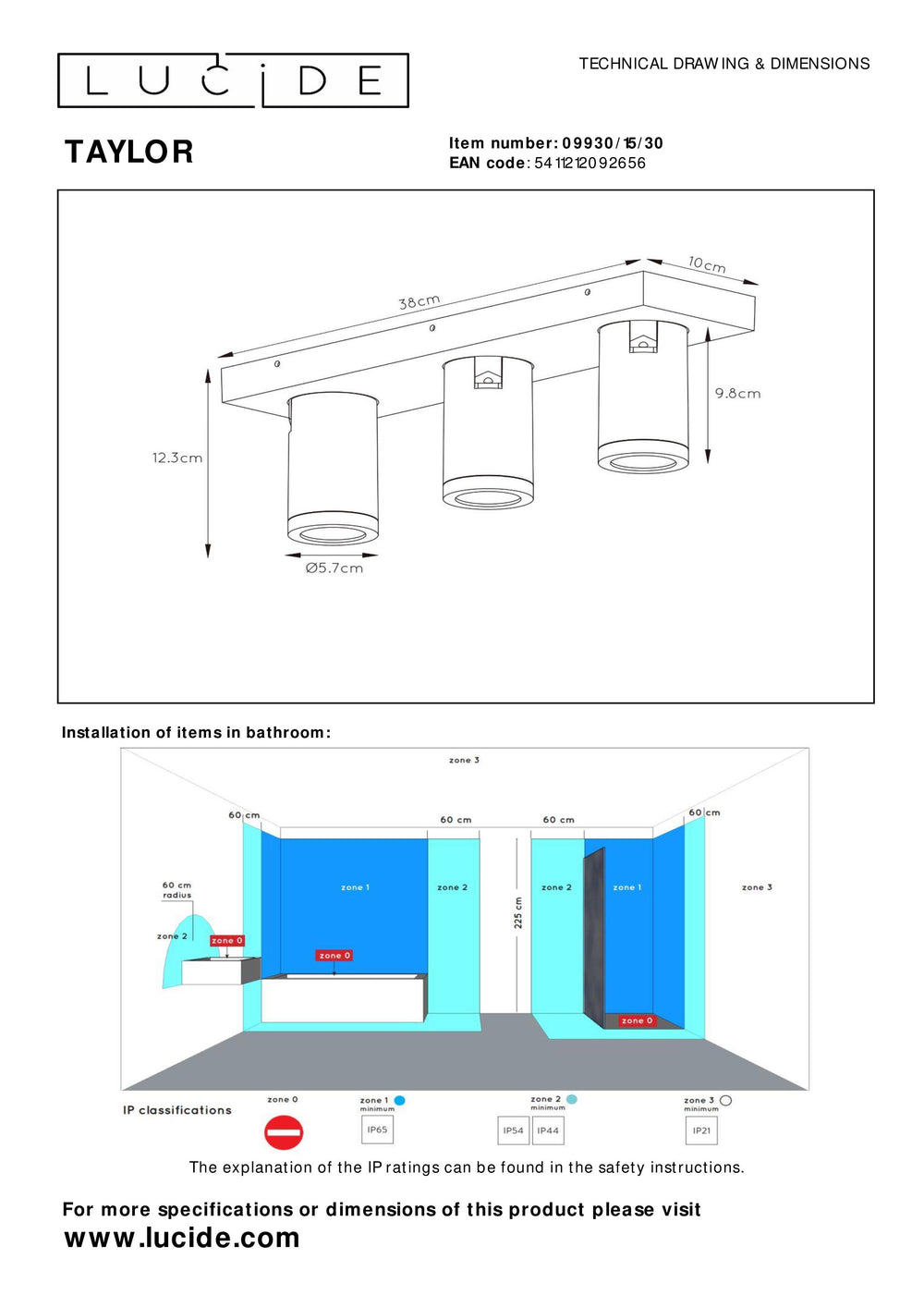 Lucide Taylor faretto LED da soffitto per bagno, 3x5W GU10 dim to warm 2200K-3000K, IP44, Nero Sabbia