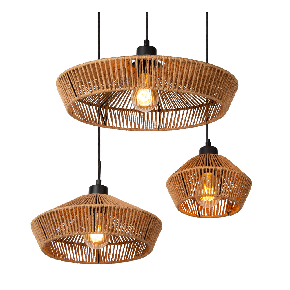 Lampada a sospensione Lucide YUNKAI Ø60cm, 3xE27, paralume in carta naturale, rosone nero, stile scandinavo, IP20