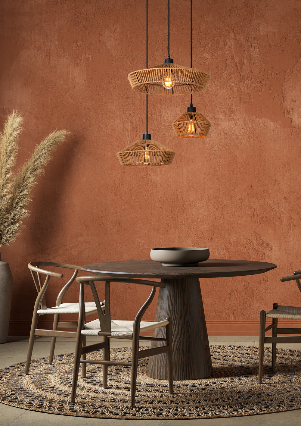 Lampada a sospensione Lucide YUNKAI Ø60cm, 3xE27, paralume in carta naturale, rosone nero, stile scandinavo, IP20