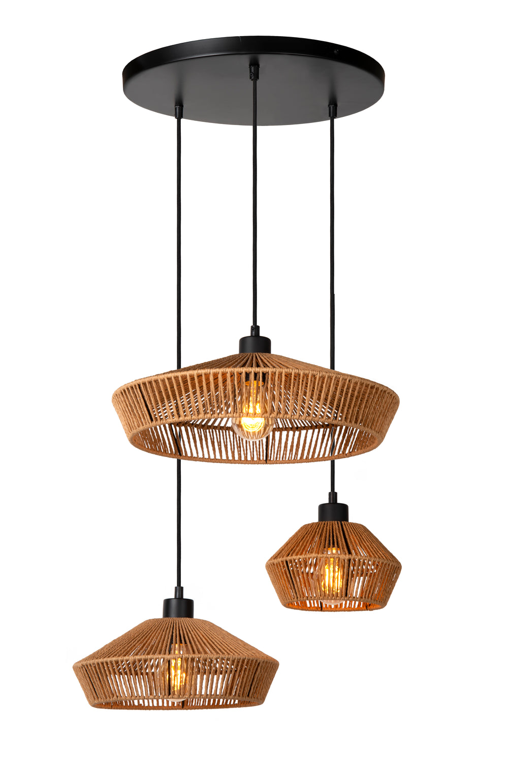 Lampada a sospensione Lucide YUNKAI Ø60cm, 3xE27, paralume in carta naturale, rosone nero, stile scandinavo, IP20