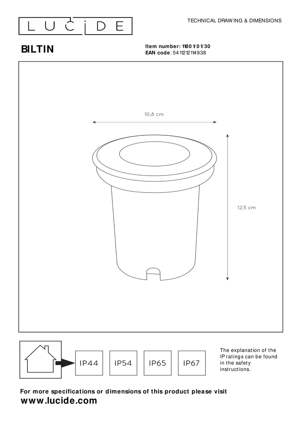 Lucide BILTIN LED ground spot IP67 Sand Matt Black Ø108mm GU10 220-240V outdoor inground light
