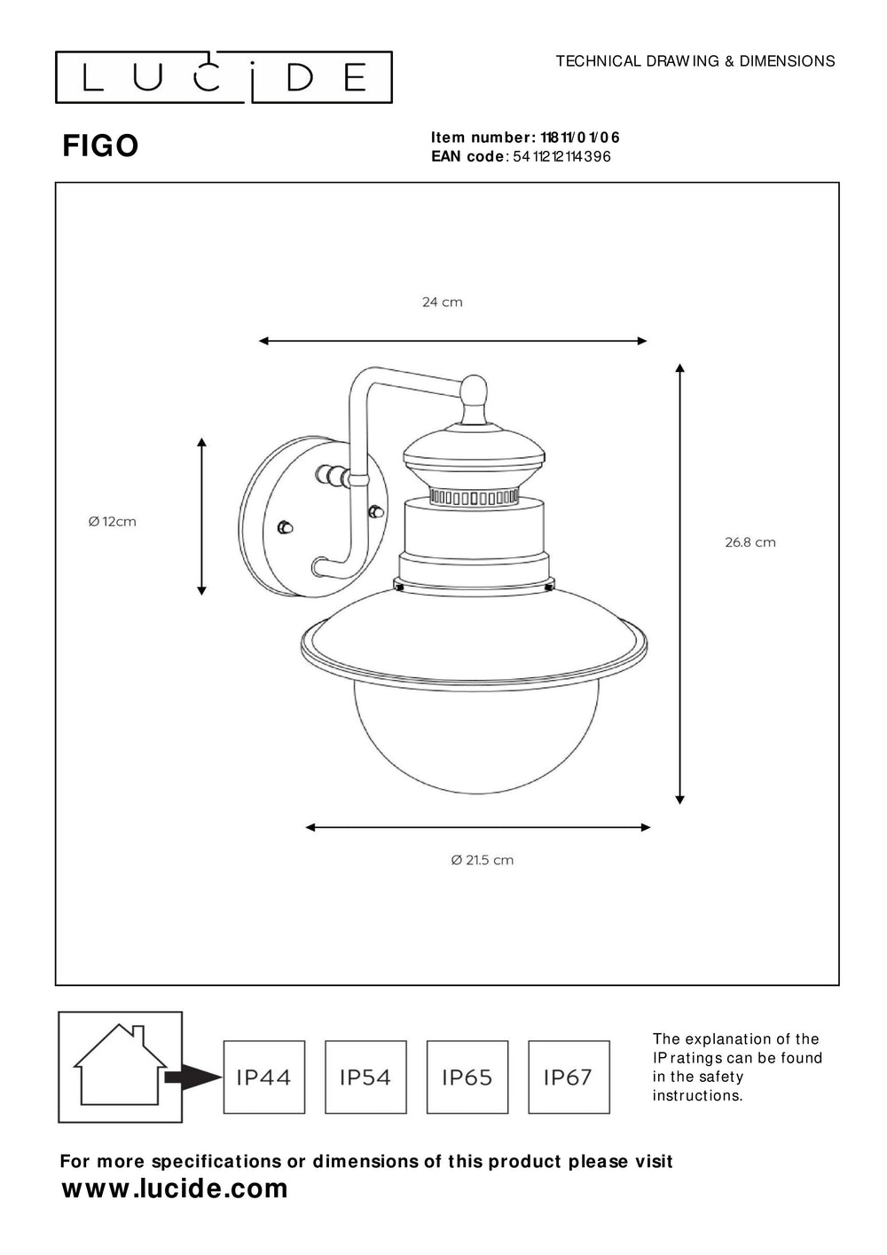 Lucide FIGO wall light indoor outdoor round 215mm E27 socket IP44 galvanized steel black finish
