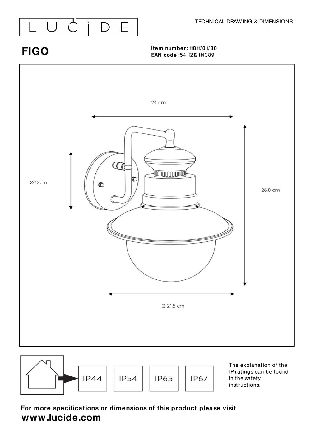 Lucide FIGO outdoor wall light, round 215mm, E27 socket, IP44 Black steel aluminium housing