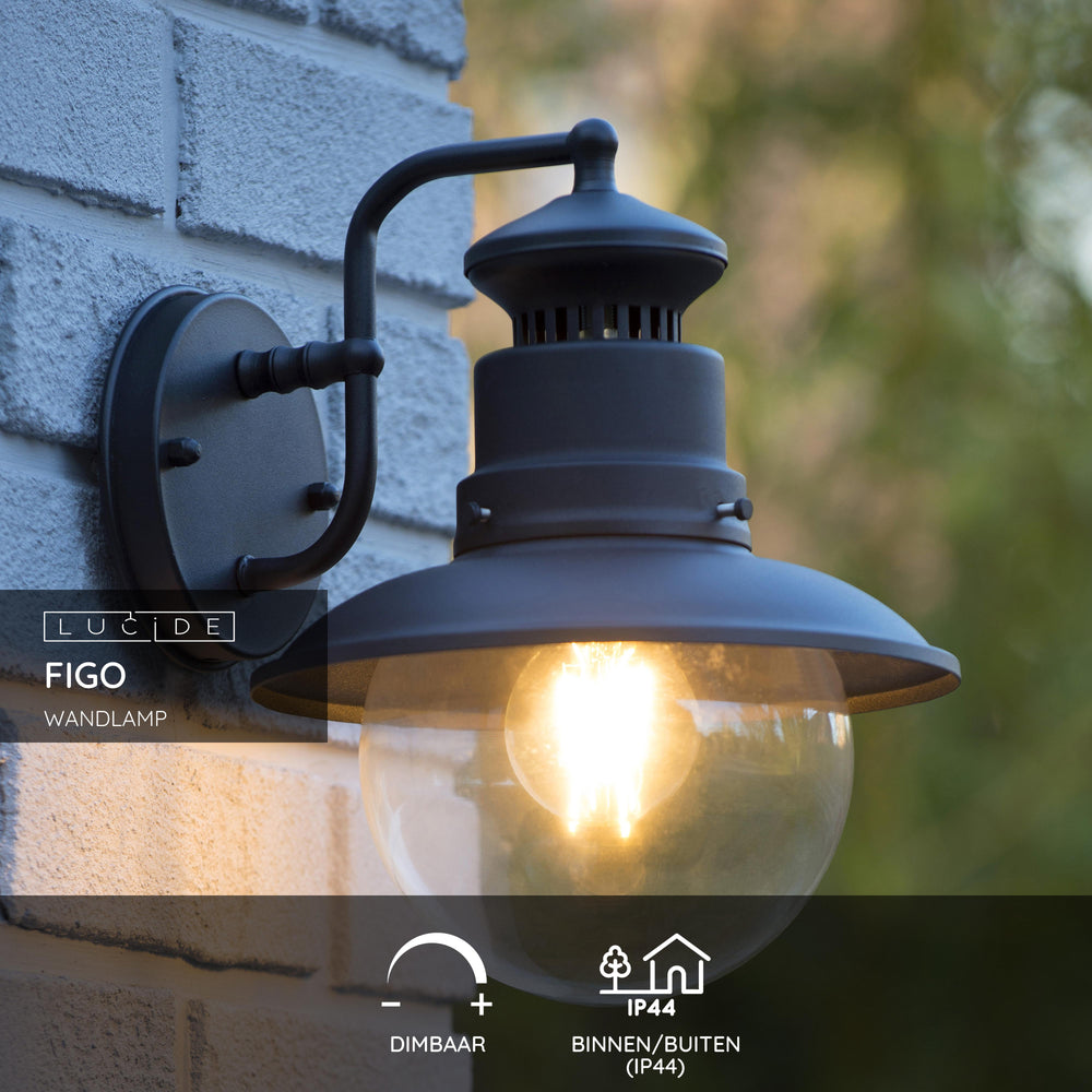 Lucide FIGO outdoor wall light, round 215mm, E27 socket, IP44 Black steel aluminium housing