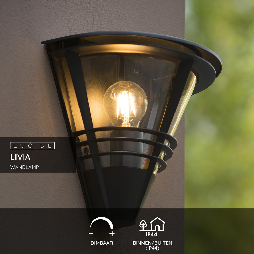 Lucide LIVIA wall light Black, modern aluminum, E27 socket, 60W max, IP44 outdoor indoor lighting