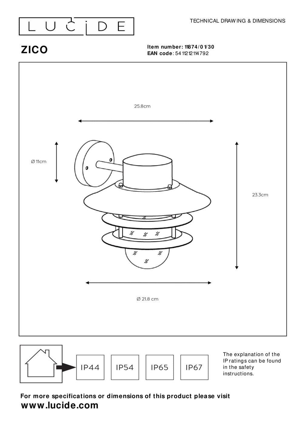 Applique da parete Lucide ZICO Nera, Esterno/Interno, 1x portalampada E27, max 60W, IP44, Corpo in Acciaio Inox/Alluminio