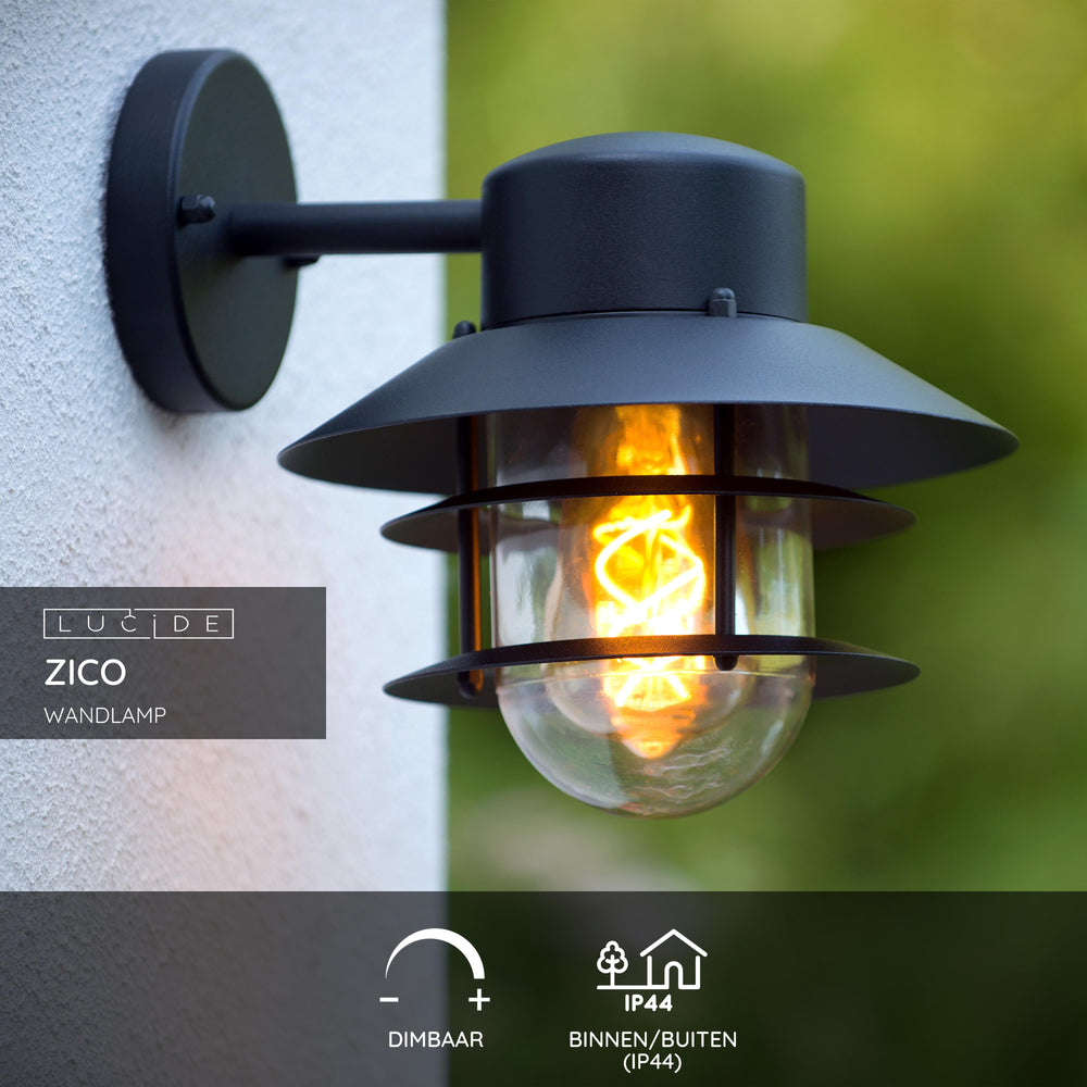 Applique da parete Lucide ZICO Nera, Esterno/Interno, 1x portalampada E27, max 60W, IP44, Corpo in Acciaio Inox/Alluminio