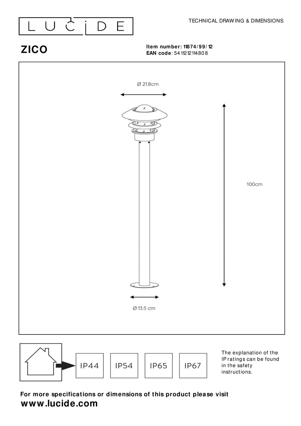 Lucide Zico outdoor lantern post, IP44 stainless steel, 1xE27 60W max, 1000mm height classic design