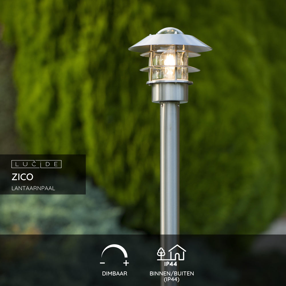 Lucide Zico outdoor lantern post, IP44 stainless steel, 1xE27 60W max, 1000mm height classic design