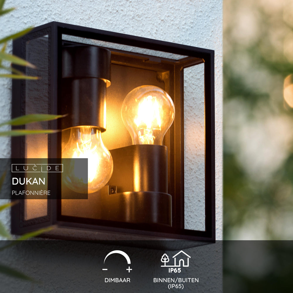 Lucide DUKAN Plafoniera LED Nero, 2xE27, IP65, alluminio pressofuso, 220x220mm interno esterno