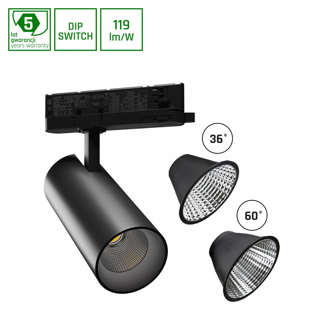 Faretto LED su Binario Spectrum Nero 3-Fasi 25W 4000K 2650 lumen Fascio 36° IP20 Corpo in Alluminio