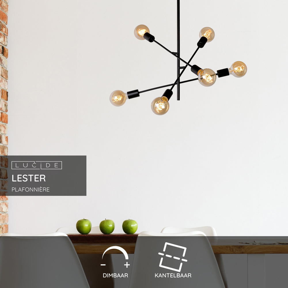 Plafoniera Lucide LESTER, 6 attacchi E27, 220-240V, dimmerabile, design moderno in metallo Nero Opaco, IP20