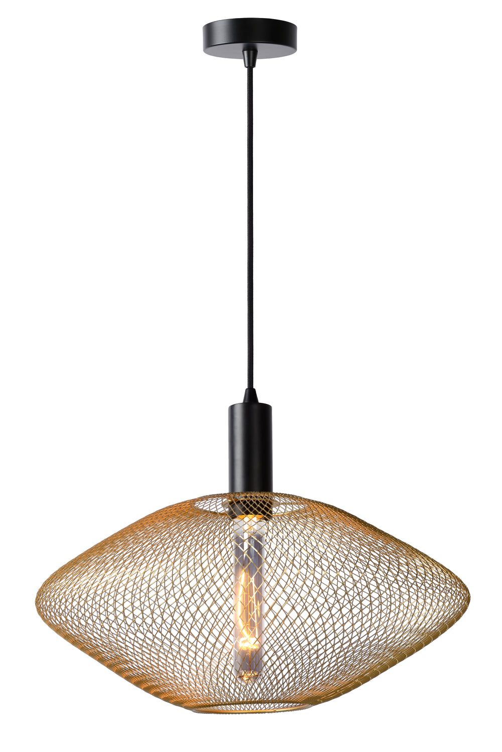 Lampada a sospensione Lucide Mesh 45 cm, attacco E27, altezza regolabile, metallo nero opaco e oro sabbiato, IP20