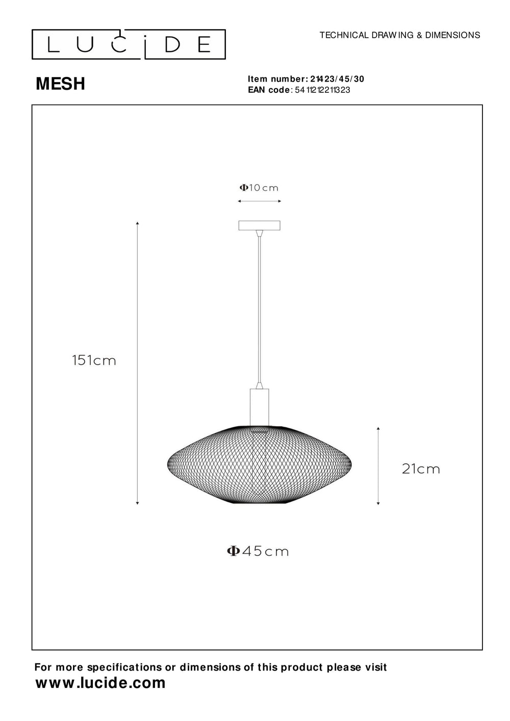 Lucide MESH modern hanging lamp, metal oval shade, E27 socket, 40W max, matt black, height adjustable