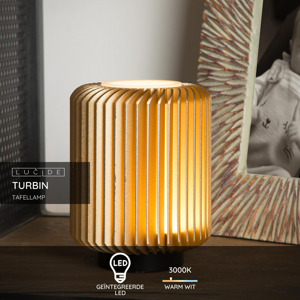 Lucide TURBIN LED table lamp 5W 3000K Satin Gold modern metal cylinder design with cord switch IP20