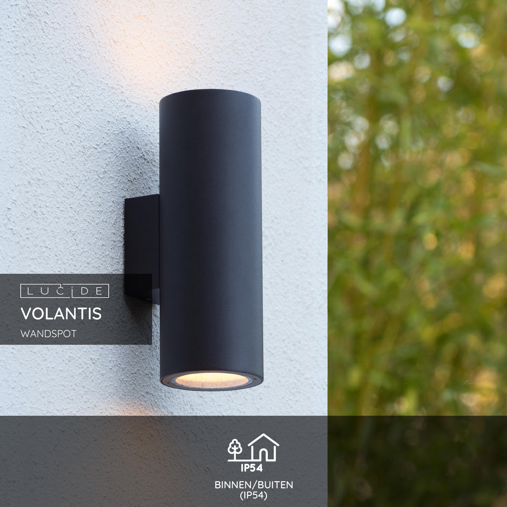 Lucide VOLANTIS Applique da esterno nera, 2xE27, IP54, luce verso l’alto e verso il basso, cilindro moderno in alluminio