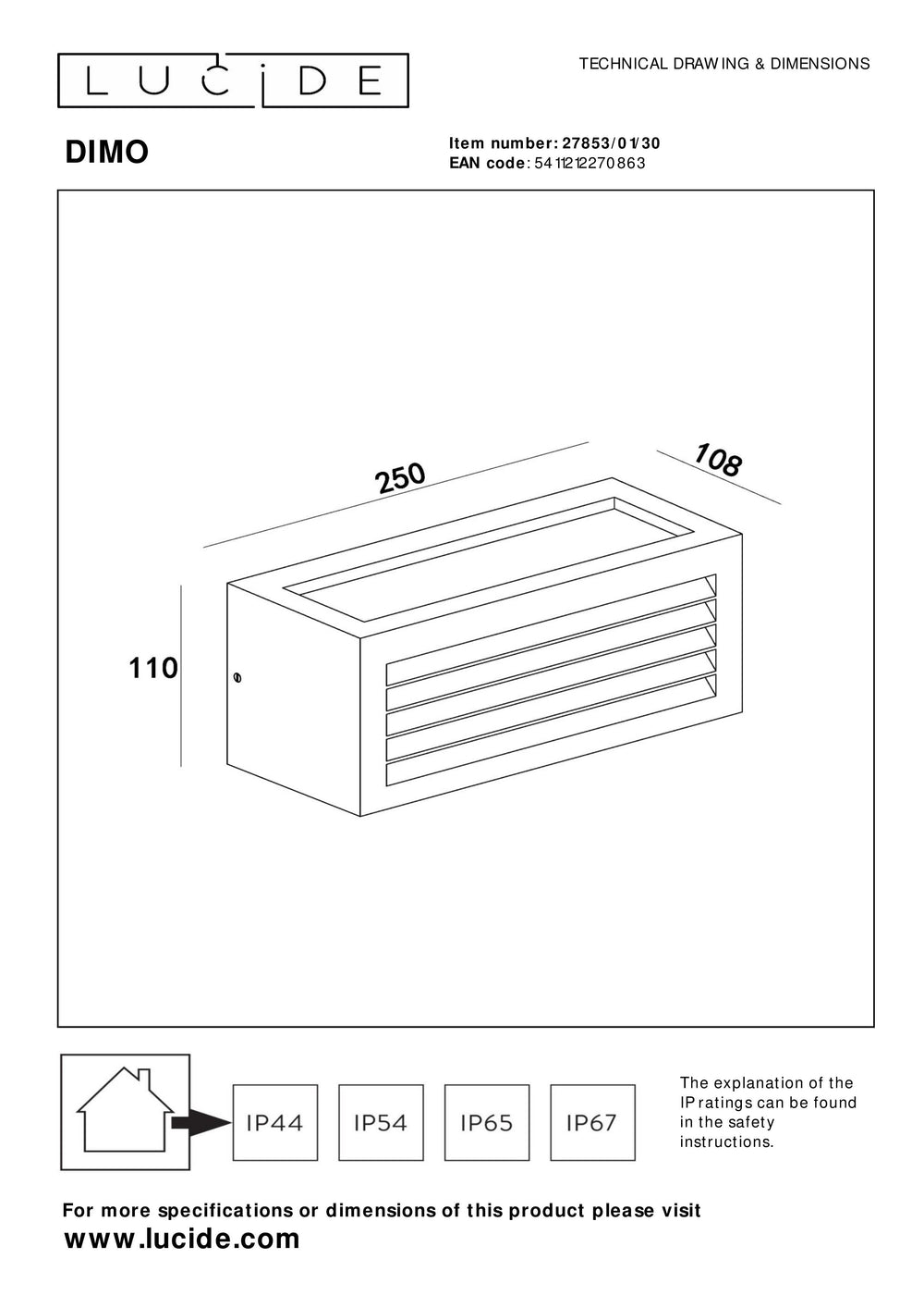 Applique da parete Lucide DIMO Antracite, interno esterno, portalampada E27, IP54, corpo in alluminio rettangolare