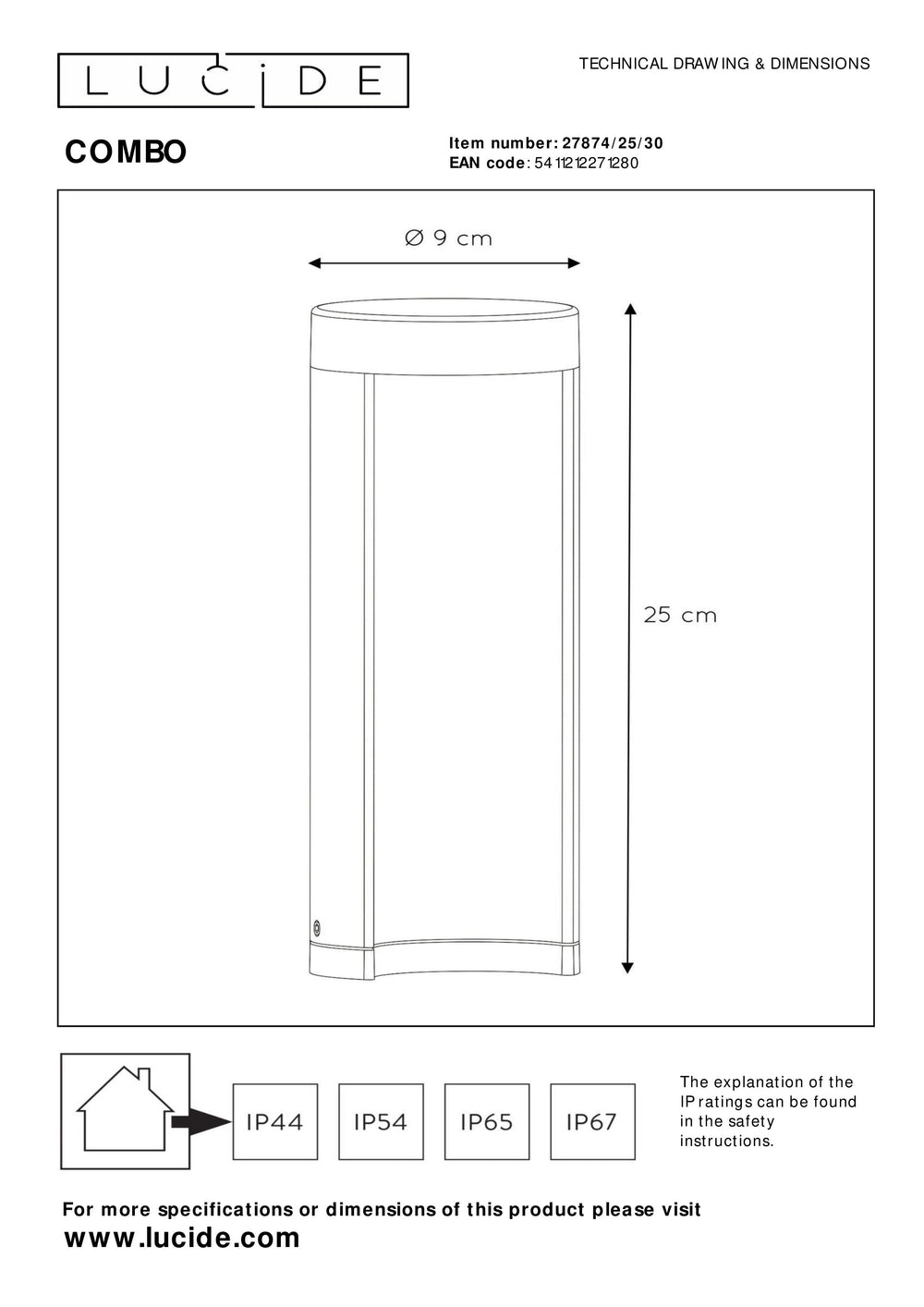 Lucide COMBO lampada da giardino a palo LED, 9W 3000K, IP54 alluminio nero, paletto moderno da esterno 250mm