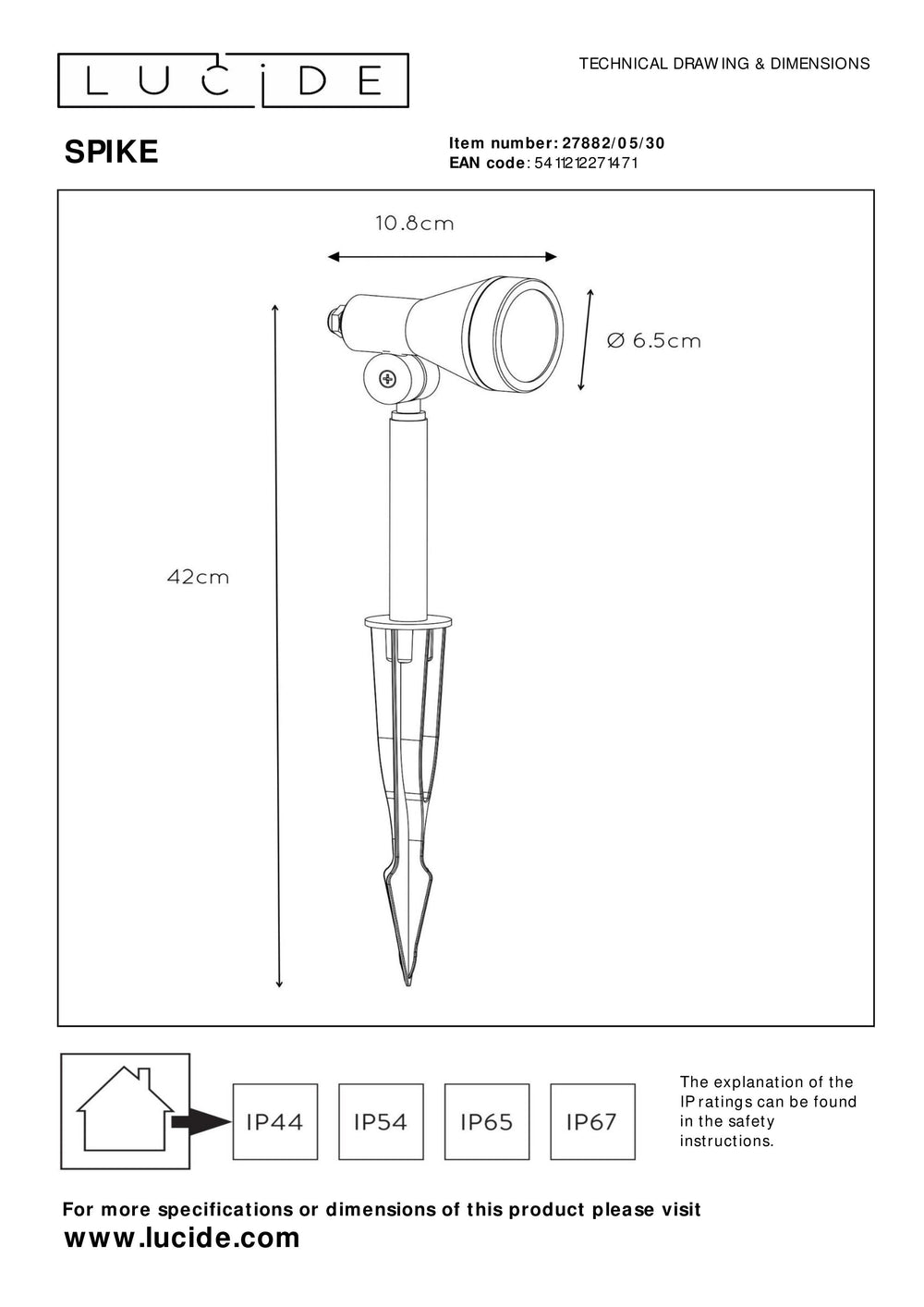 Lucide SPIKE LED garden spotlight, 1x5W GU10 3000K, dimmable, IP54 Black aluminum outdoor light