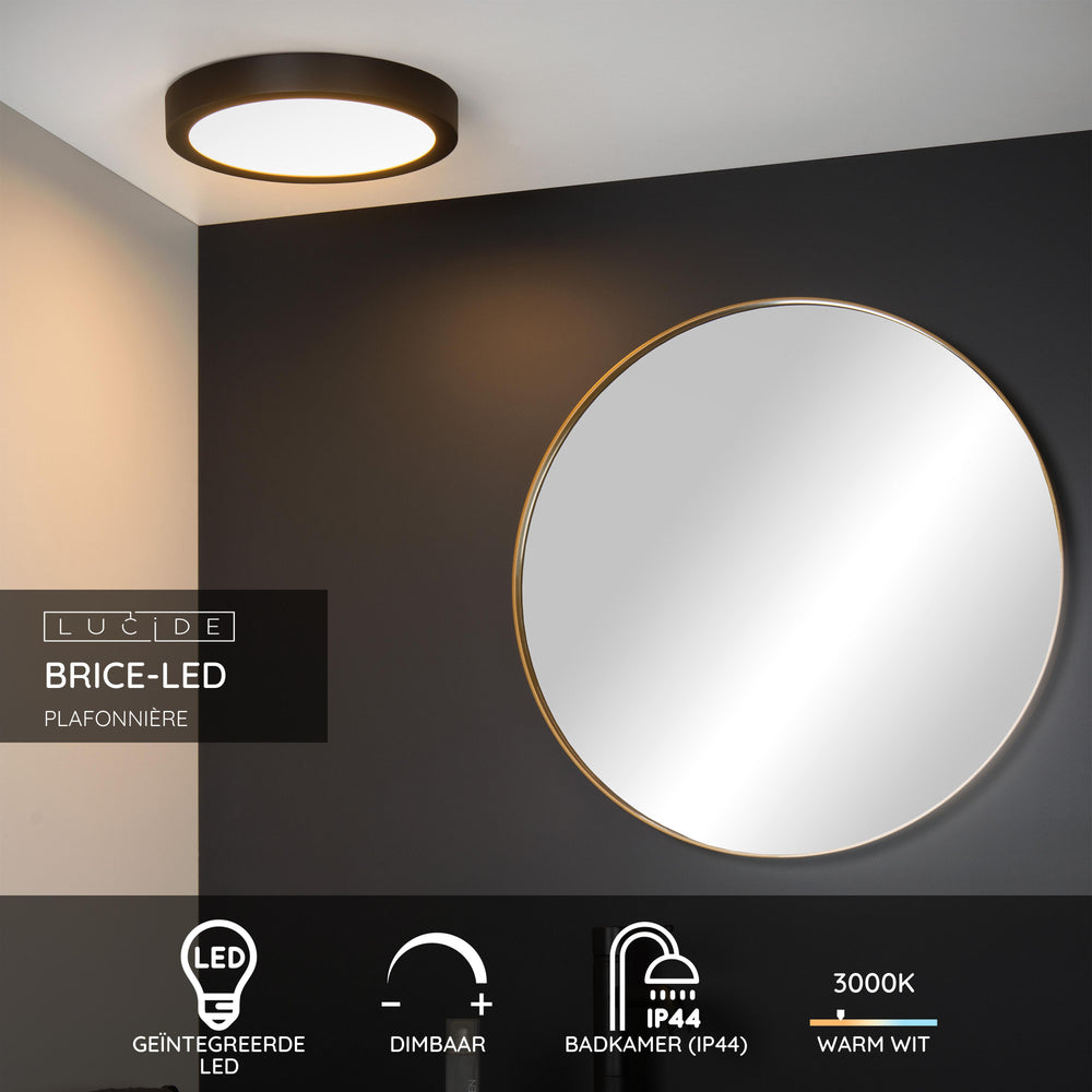 Lucide BRICE plafoniera LED, 30W 3000K dimmerabile, IP44 rotonda 30cm, Nero Opaco, illuminazione moderna per bagno