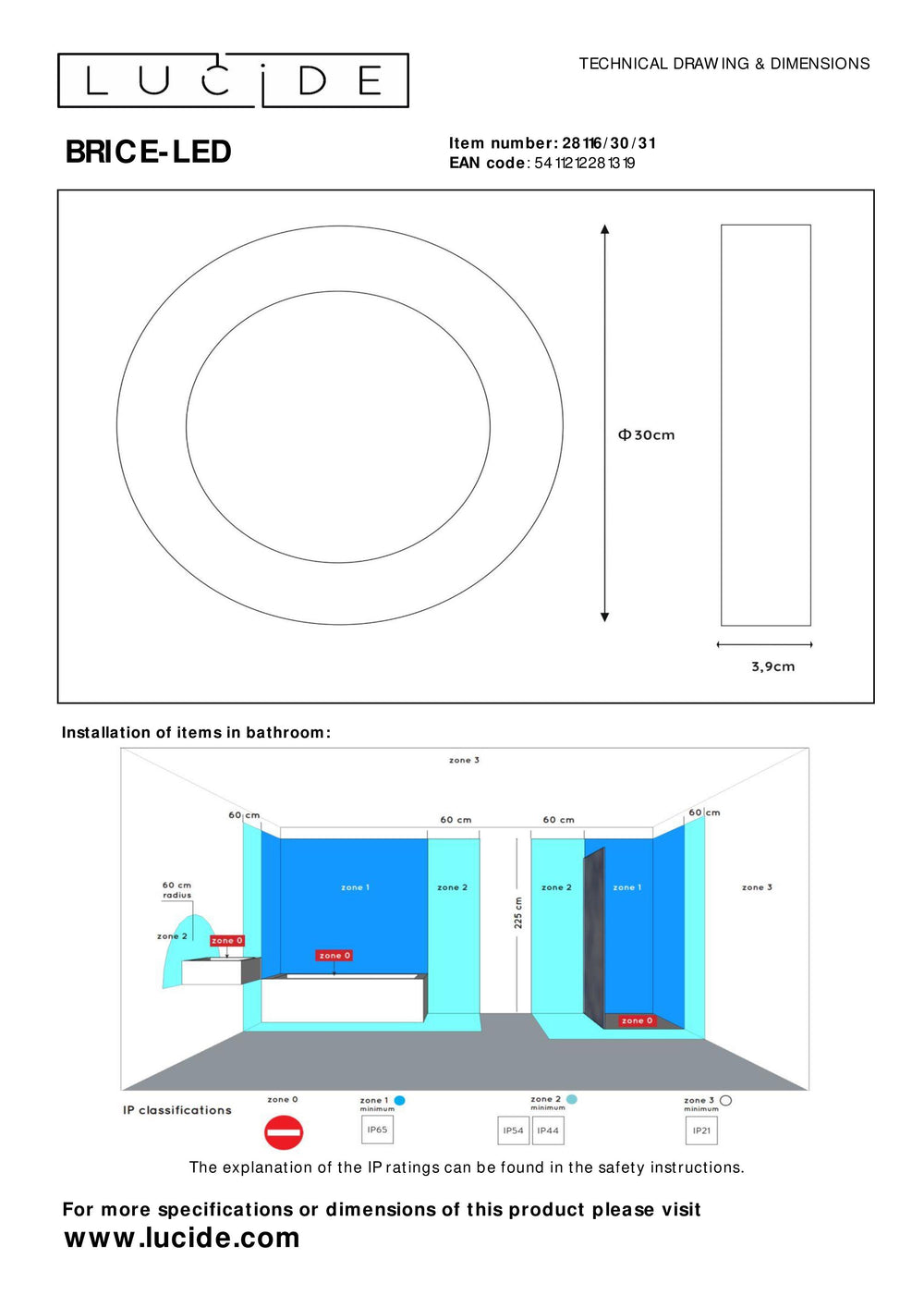 Lucide BRICE plafoniera LED da bagno, dimmerabile 30W 3000K, rotonda 300mm, IP44, finitura bianca