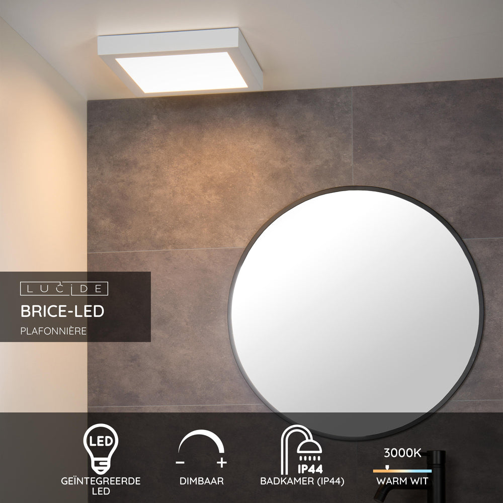 Lucide BRICE lampada da soffitto LED per bagno, dimmerabile 30W 3000K, IP44, Bianco, design quadrato moderno