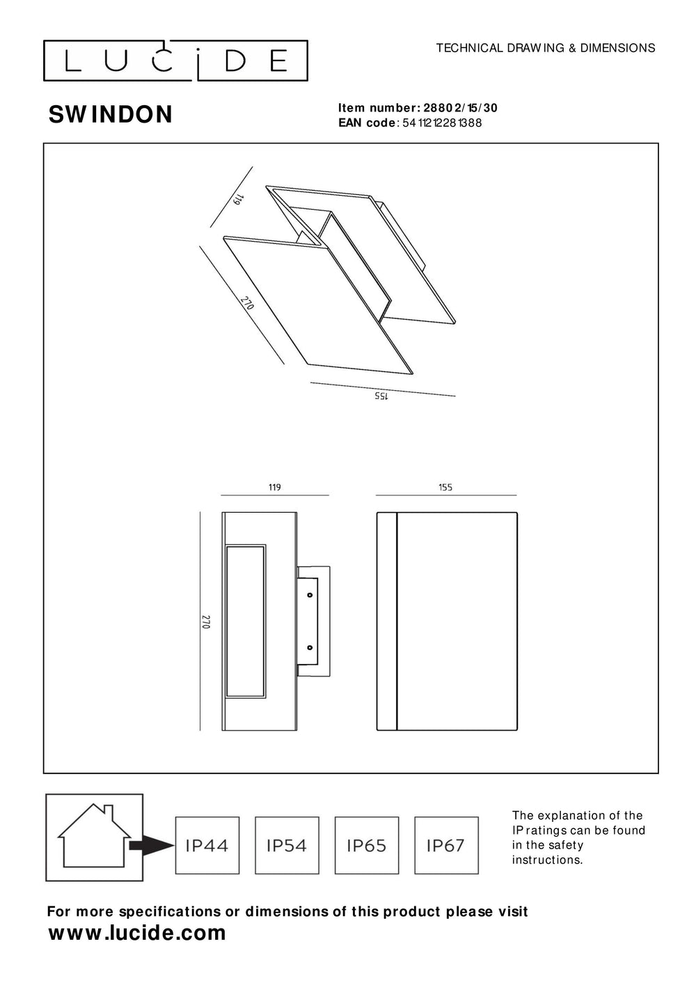 Lucide SWINDON lampada da parete LED 16W 2700K IP54 Nero alluminio design moderno per esterni e interni