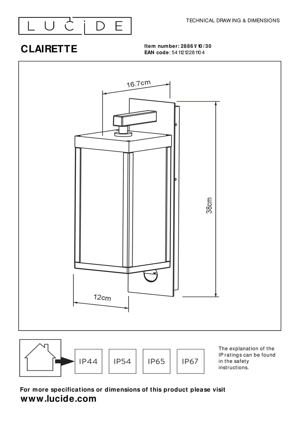 Lucide CLAIRETTE applique a LED 13W 3000K IP54 con sensore di movimento PIR e corpo in antracite