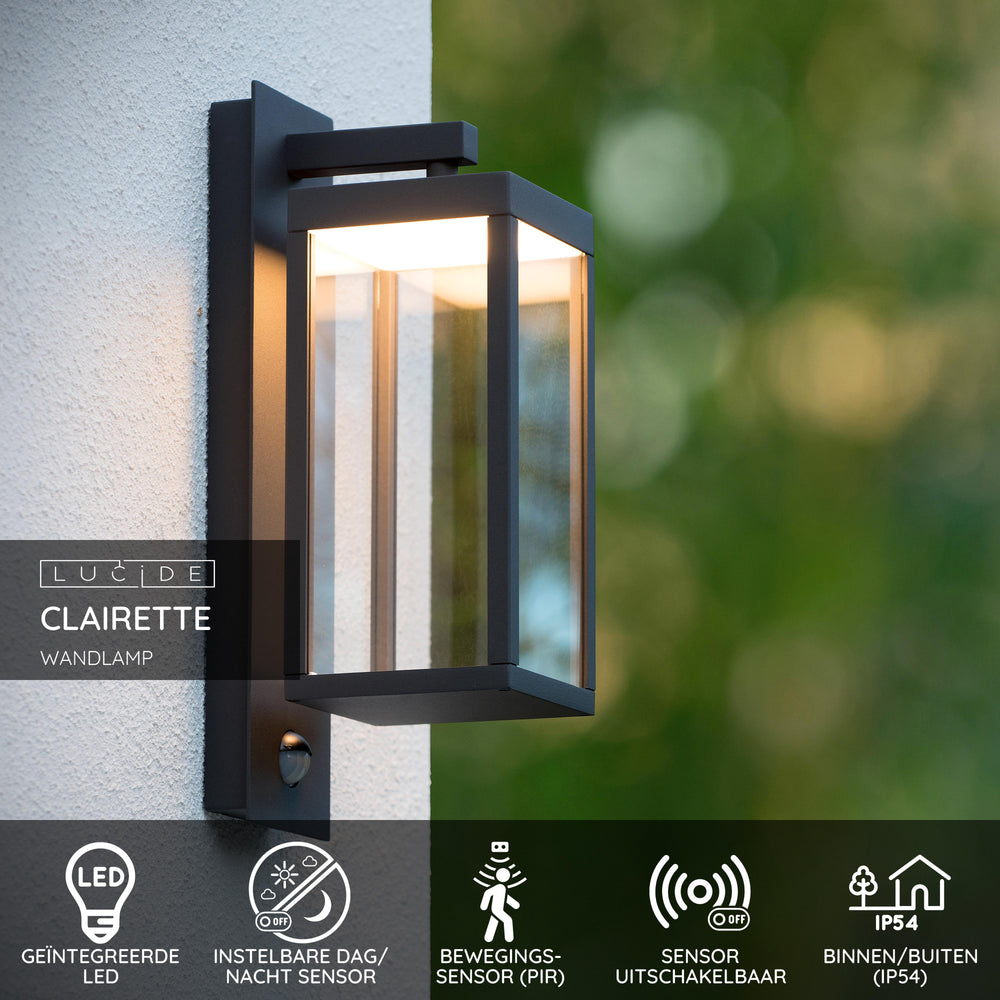 Lucide CLAIRETTE applique a LED 13W 3000K IP54 con sensore di movimento PIR e corpo in antracite