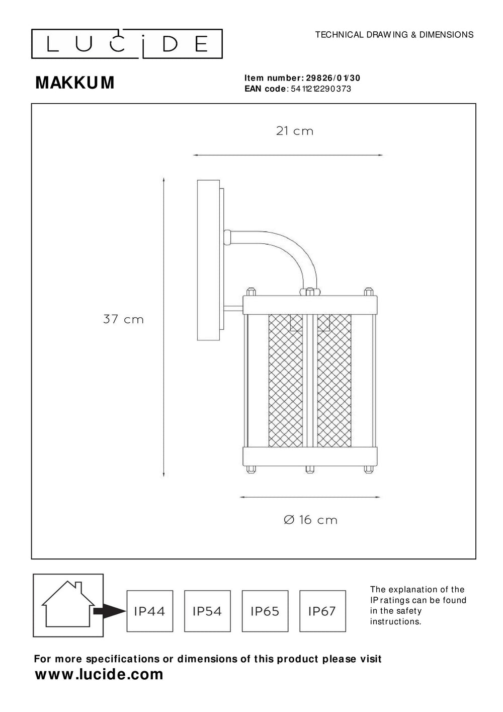 Lucide Makkum applique da parete, 1xE27, lampada da esterno e interno IP23, metallo Nero Opaco, 220-240V, max 60W