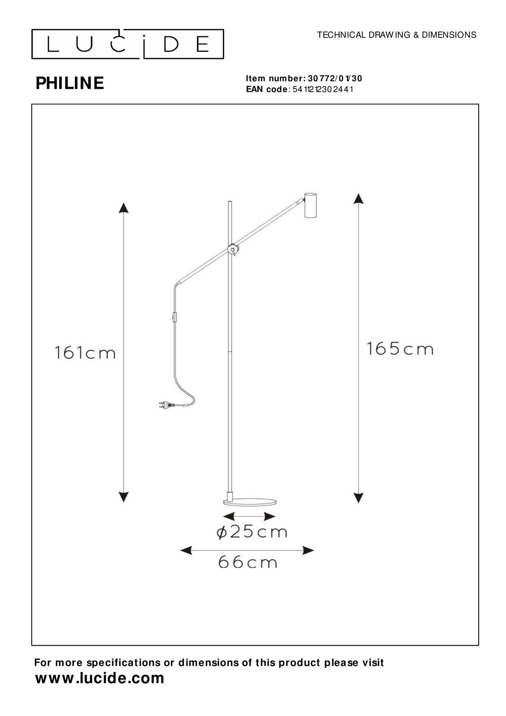 Lucide PHILINE lampada da lettura da terra moderna, 1xGU10, compatibile LED, altezza regolabile, Nero opaco con testa dorata