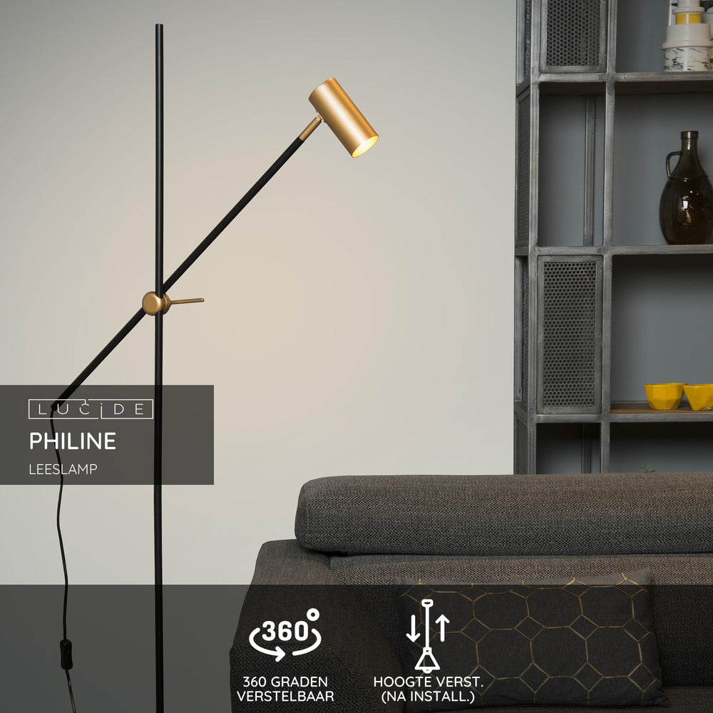 Lucide PHILINE lampada da lettura da terra moderna, 1xGU10, compatibile LED, altezza regolabile, Nero opaco con testa dorata