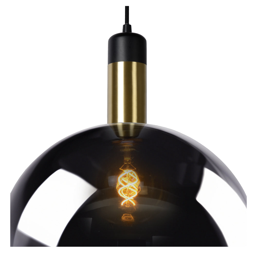 Lucide JULIUS hanging lamp, 1xE27, smoke glass shade Ø20cm, black wood and gold metal, 220-240V, IP20