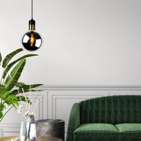 Lampada a sospensione Lucide JULIUS, 1xE27, paralume in vetro fumé Ø20cm, legno nero e metallo dorato, 220-240V, IP20