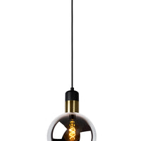 Lampada a sospensione Lucide JULIUS, 1xE27, paralume in vetro fumé Ø20cm, legno nero e metallo dorato, 220-240V, IP20