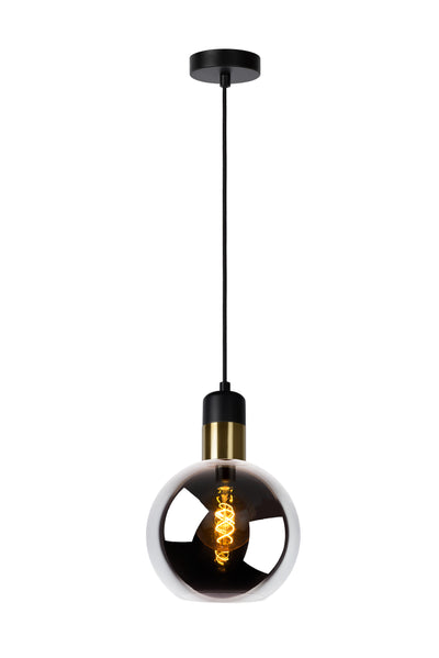 Lampada a sospensione Lucide JULIUS, 1xE27, paralume in vetro fumé Ø20cm, legno nero e metallo dorato, 220-240V, IP20