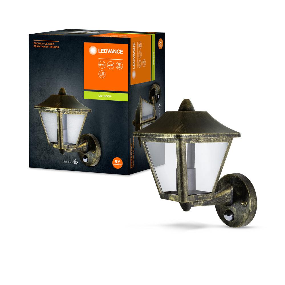 Ledvance ENDURA Classic Tradition Up Sensore Applique da Parete E27 Oro Nero Esterno IP44 Alluminio Pressofuso